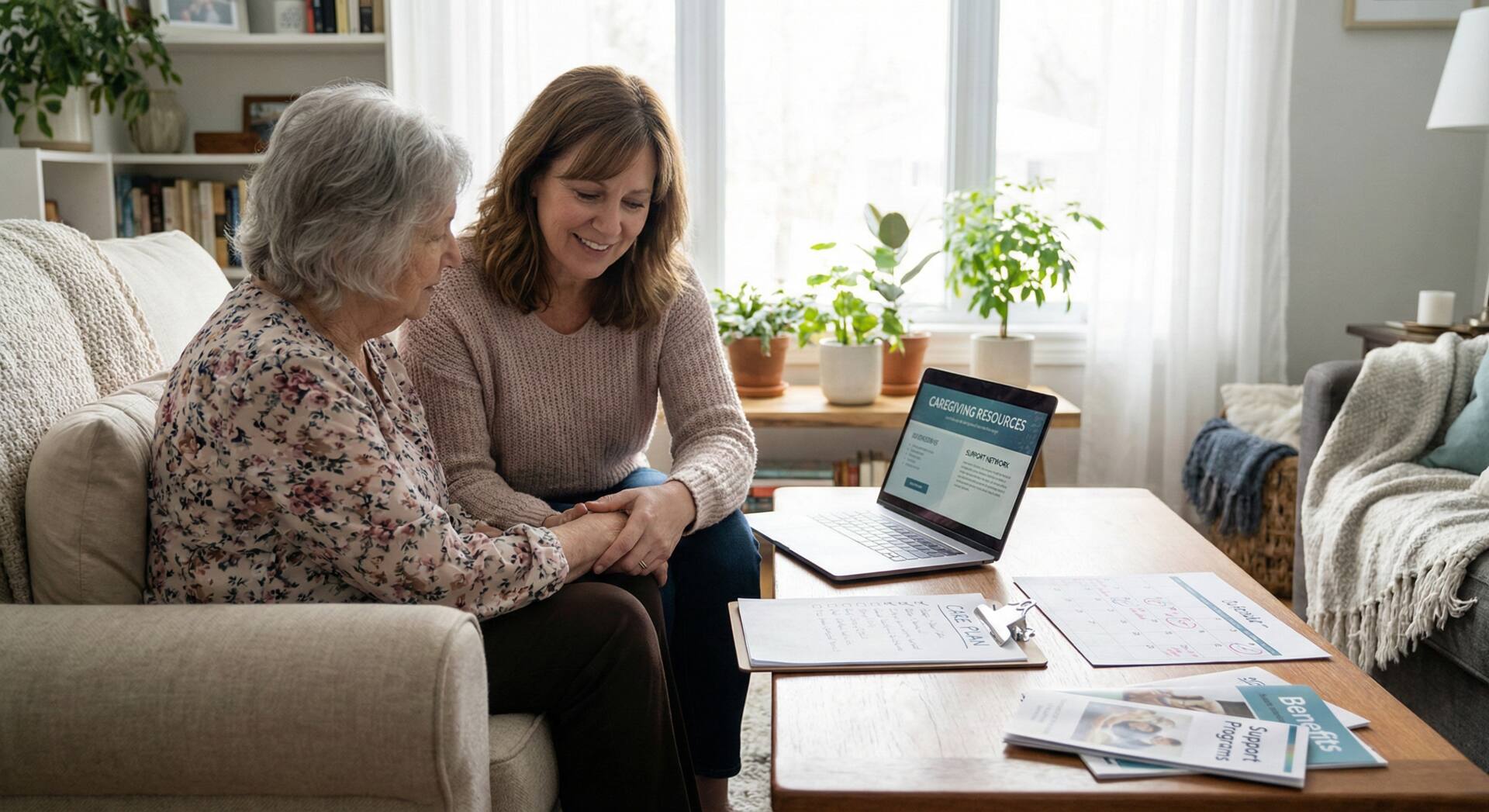 Senior and caregiver talking in a comfortable home environment