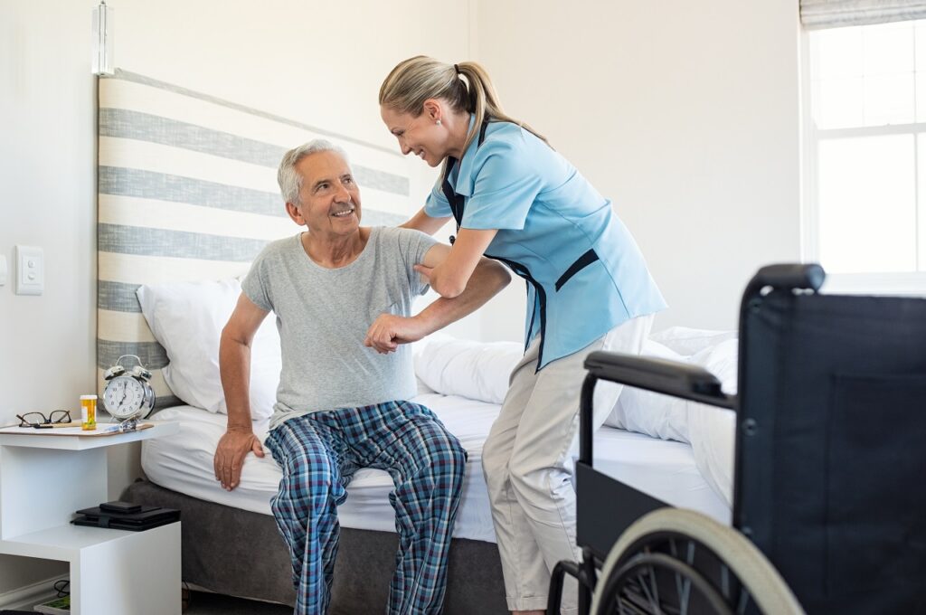 Compassionate caregiver assisting senior at home in Texas counties