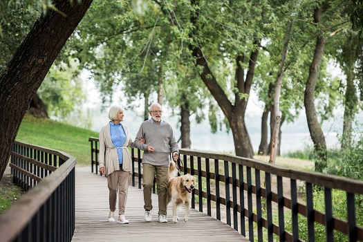 Senior walking outdoors in a park for brain health and memory support